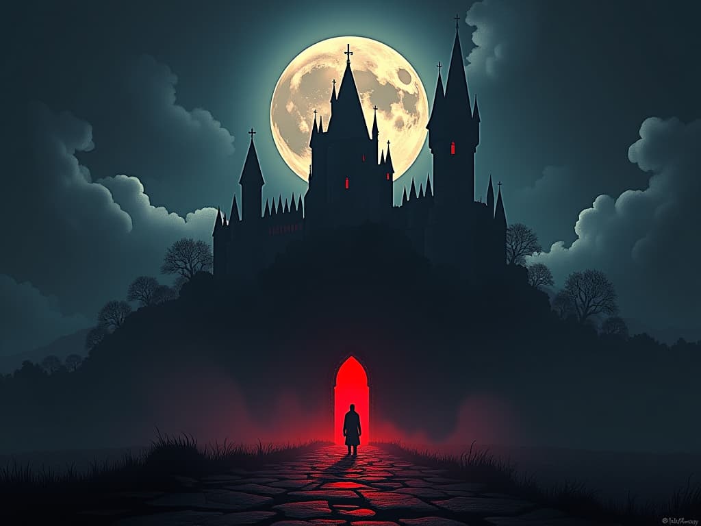  gothic castle, moonlit towers, shadowy figures, aura of missed impact and lost grandeur. the style is digital art illustration / modern comic book / graphic dark novel fantasy and mysterious occult, symbolic, moody lighting, esoteric vibe,high detail on character design. for the color scheme emphasize blacks and reds.