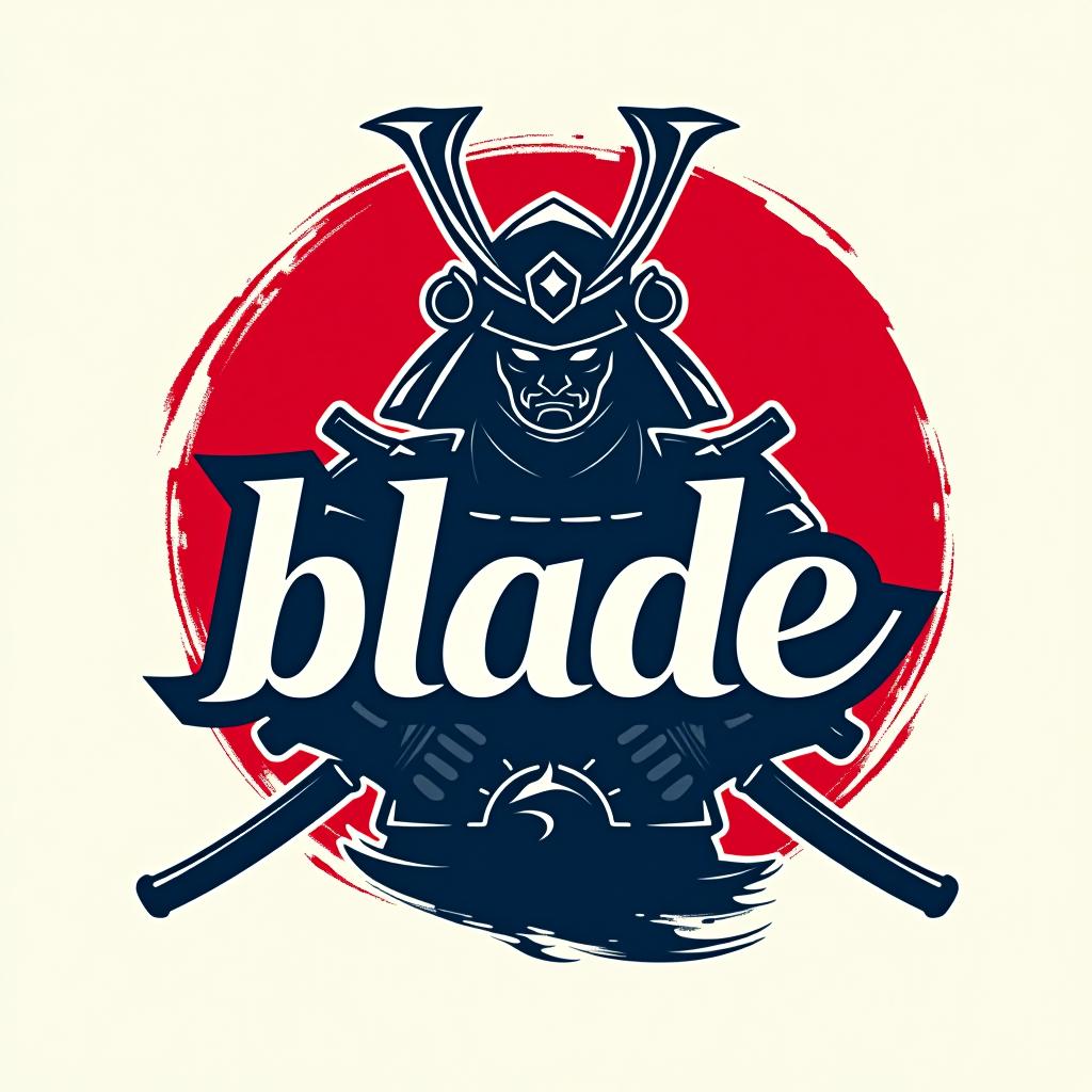  design a logo, emblem logo, with the written text ‘blade’, samurai theme, red and blue.