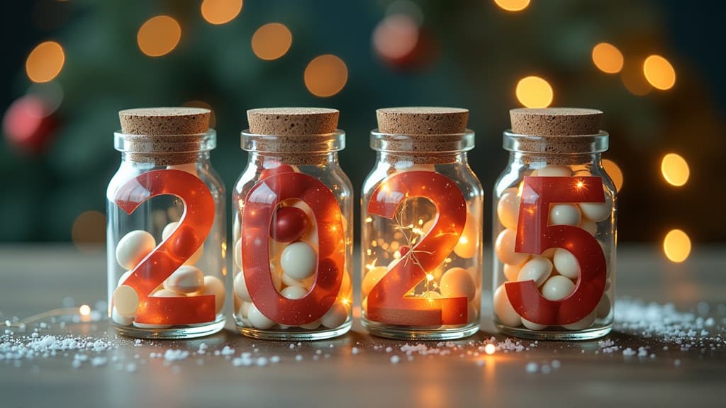  christmas banner with numbers 2025 in the form of glass jars with pills {prompt}, maximum details