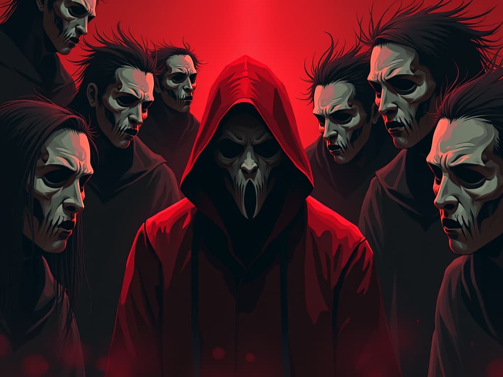  figure in red, surrounded by masks of different expressions, aura of paranoia and worry. the style is digital art illustration / modern comic book / graphic dark novel fantasy and mysterious occult, symbolic, moody lighting, esoteric vibe,high detail on character design. for the color scheme emphasize blacks and reds.