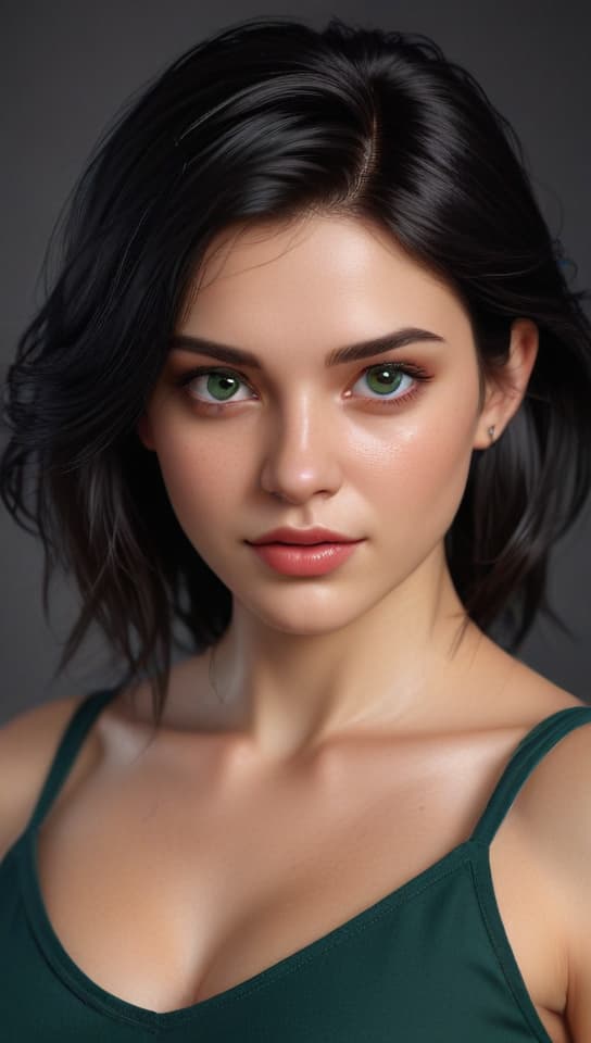 shoulder length dark hair with s, beautiful, , green eyes, 5 feet 4 inches tall, 105 lbs, trending on art station, (detailed face), ((upper body)), (front view),(masterpiece:1.4),(photorealistic:1.4),(high resolution),(exquisitely detailed),(beautiful detailed light),(ultra_color),(perfect anatomy),best quality,ultra high definition,(cinematic light),<lora:ClothingAdjuster3:-0.5>