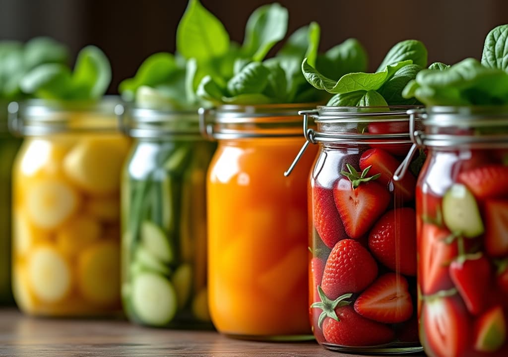  a row of glass jars filled with various fruits and vegetables