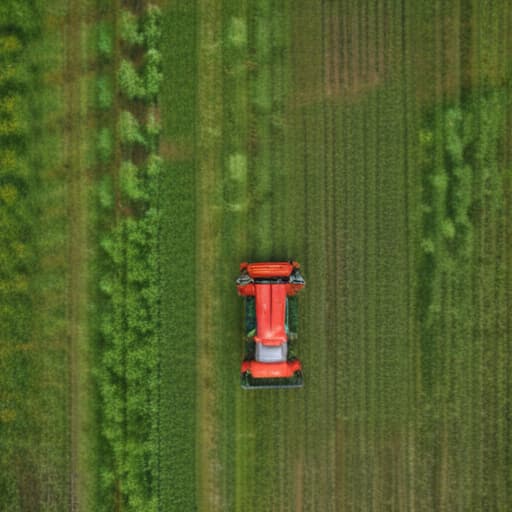 red harvester in green field viewed from very high above