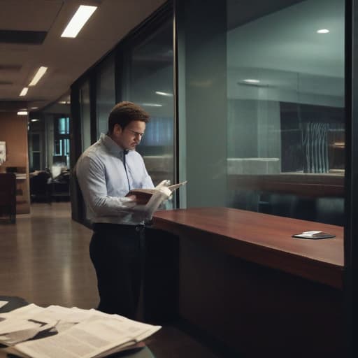 A photo of a car accident attorney reviewing case files in a modern office building during late evening with dramatic and contrasting lighting.