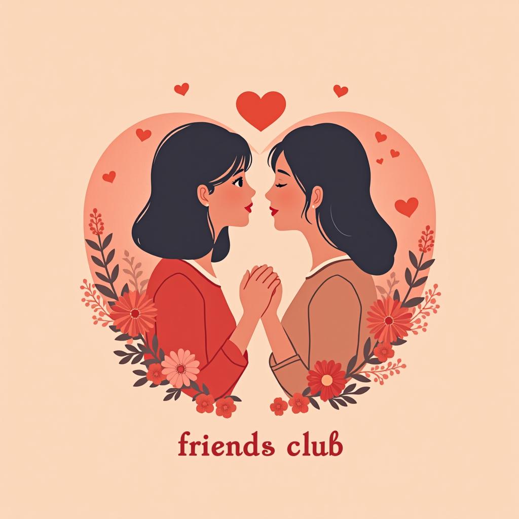  create a romantic themed logo for a group called 'friends club,' inspired by k drama aesthetics. the logo should feature a warm and inviting color palette with elements that evoke friendship and affection, such as hearts, intertwined hands, or subtle floral patterns. include subtle k drama inspired motifs, such as elegant script fonts, dreamy backgrounds, or charming character illustrations. incorporate the text 'friends club' in a stylish, romantic font. the overall design should capture the essence of k drama romance and convey a sense of closeness and warmth