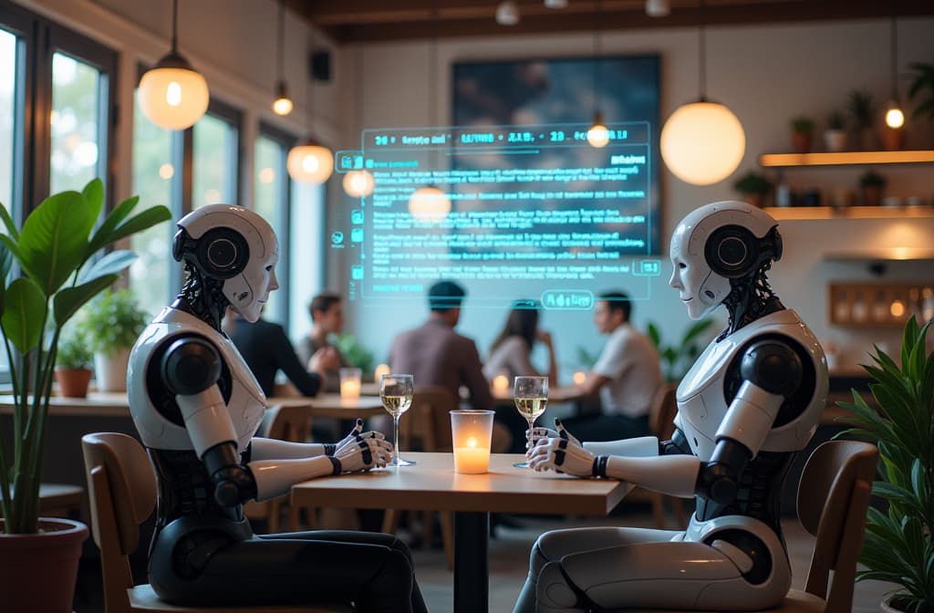  "create an imaginative scene depicting a serene, futuristic café setting where humanoid robots and diverse people are engaged in lively conversations over holographic screens displaying vibrant snippets of ai generated text and images. the ambiance is warm and inviting, with soft lighting, potted plants, and artistic decor blending technology and nature, reflecting a harmonious coexistence between humans and artificial intelligence." hyperrealistic, full body, detailed clothing, highly detailed, cinematic lighting, stunningly beautiful, intricate, sharp focus, f/1. 8, 85mm, (centered image composition), (professionally color graded), ((bright soft diffused light)), volumetric fog, trending on instagram, trending on tumblr, HDR 4K, 8K