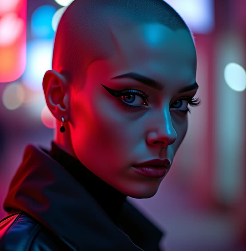  ultra realistic close up portrait ((beautiful pale cyberpunk female with heavy black eyeliner)), blue eyes, shaved side haircut, hyper detail, cinematic lighting, magic neon, dark red city, canon eos r3, nikon, f/1.4, iso 200, 1/160s, 8k, raw, unedited, symmetrical balance, in frame, 8k hyperrealistic, full body, detailed clothing, highly detailed, cinematic lighting, stunningly beautiful, intricate, sharp focus, f/1. 8, 85mm, (centered image composition), (professionally color graded), ((bright soft diffused light)), volumetric fog, trending on instagram, trending on tumblr, HDR 4K, 8K