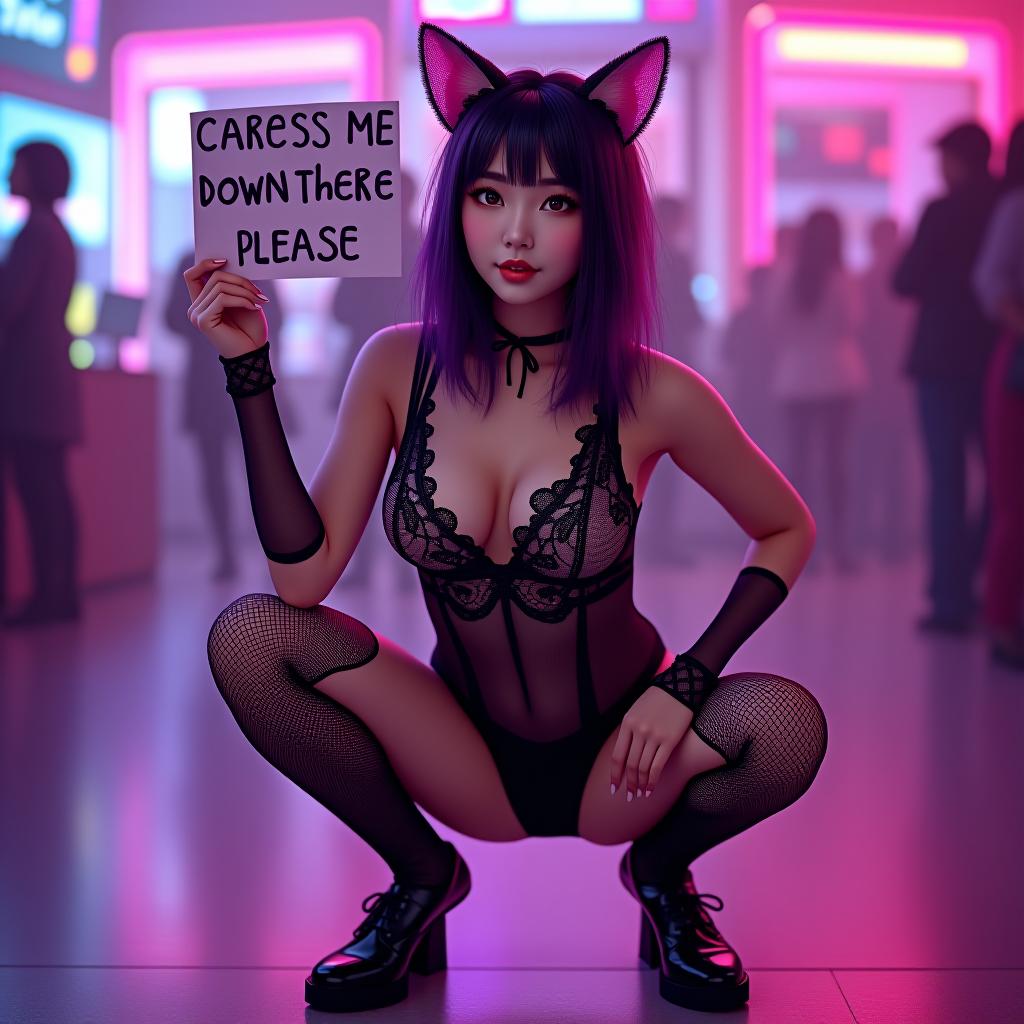  a photo realistic full body image of 40 asian streamer cosplaying as a cat , squatting with holding a sign that says caress me down there please. looking ly and her intricate lace leotard is vint and eye catching. big perky s. her body captures her beauty and the lively colors of her clothing, making it an interesting and visually appealing piece of art. beautiful perfect eyes, perky big s, a korean goddess, geometric shapes, bold colors, dynamic composition,beautiful perfect eyes, a korean goddess . cyberpunk, vint, stunningly beautiful, crisp, detailed, sleek, ultramodern, magenta highlights, dark purple shadows, high contrast, cinematic, ultra detailed, intricate, professional, (masterpiece), (best