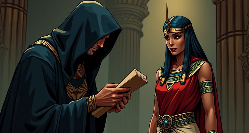  a hooded figure hiding in the shadows, meticulously observing a majestic queen in regal attire, taking notes on a papyrus scroll, intense focus, calculating eyes. the style is digital art illustration / modern comic book / mysterious occult, symbolic, esoteric vibe,high detail on character design, incorporating ancient egyptian symbology and attire.