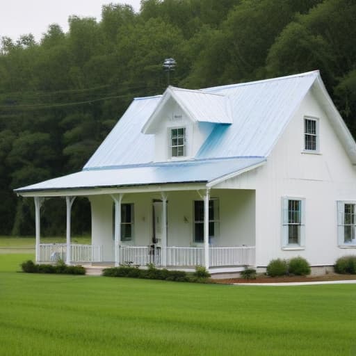 A white farmhouse with a baby blue metal roof down in a lush green valley with trees everywhere. Shamrocks for the yard