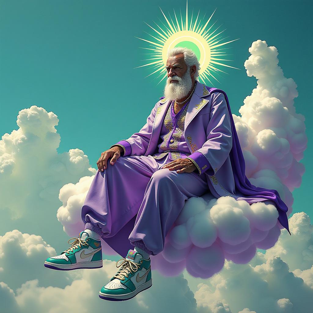  psychedelic style (complex surreal composition, art:1.5). on a shapeless cloud sits a brutal, majestic, contented with a sly look, an ancient greek gray haired god with a white beard in chic royal clothes and in stylish combinations of peculiar and ((intricate)) (sneakers in silver, emerald and purple:1.4). (shining above the cloud in the form of a halo with rays:1.3). attractive bright large inscription, (((text: "artgeneration.me":1.6))), superimposed on the background next to the sneakers. endless blue sky, ragged clouds, joyful mood, background of green lilac delicate textures. . vibrant colors, swirling patterns, abstract forms, surreal, trippy