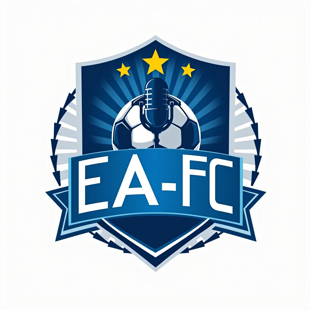  design a logo, crear un logo que represente nuestra cuenta de youtube enfocada en contenido relacionado con eafc, podcast, reviews del juego y jugadores del mismo. incluir las iniciales de los creadores : j, f y n de forma creativa en el logo . incorporar elementos como un balón de fútbol, un micrófono y estrellas para representar podcast, reviews y calidad respectivamente. utilizar una paleta de colores energética con tonos de azul y blanco, y una tipografía moderna con un ligero toque deportivo. el logo debe transmitir dinamismo, pasión por el fútbol y modernidad. se valora la originalidad y la capacidad de representar claramente nuestra temática de contenido. incluye obligatoriamente nuestras iniciales en el logo en letras más