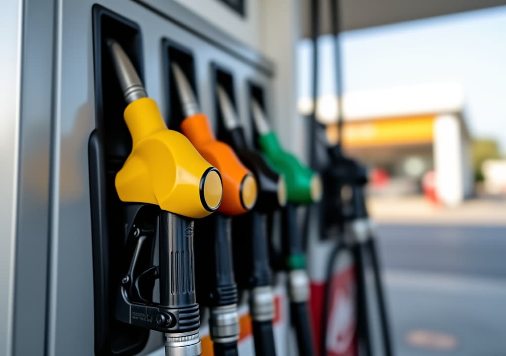  oil pump and nozzles at the gas station on the street in daylight