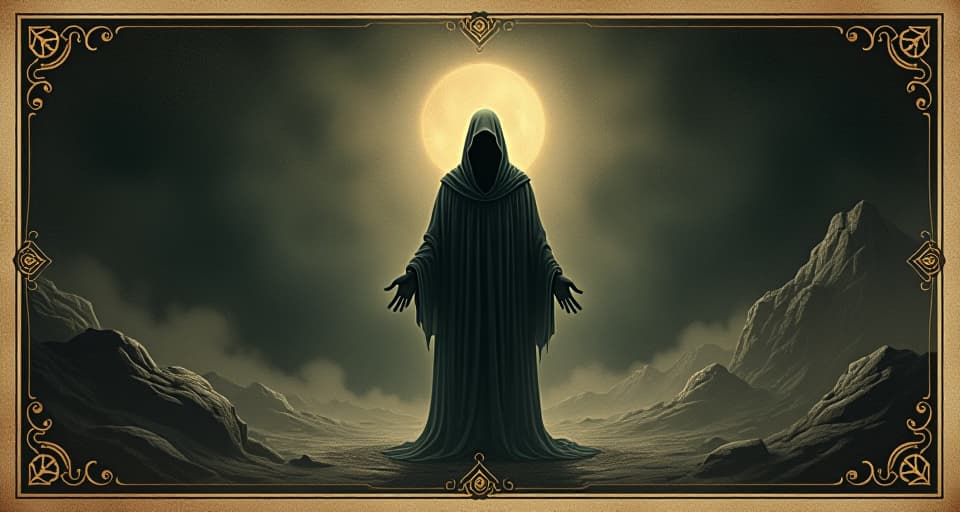  a figure illuminated in darkness, surrounded by unknown symbols, exuding enigmatic aura, testament to the power of the unknown. an illustration in the style of a worn, mystical old tarot trump card, mysterious and elements of surrealism. the colors are muted, somber and eerie, but with contrast bring out an occult and esoteric vibe.