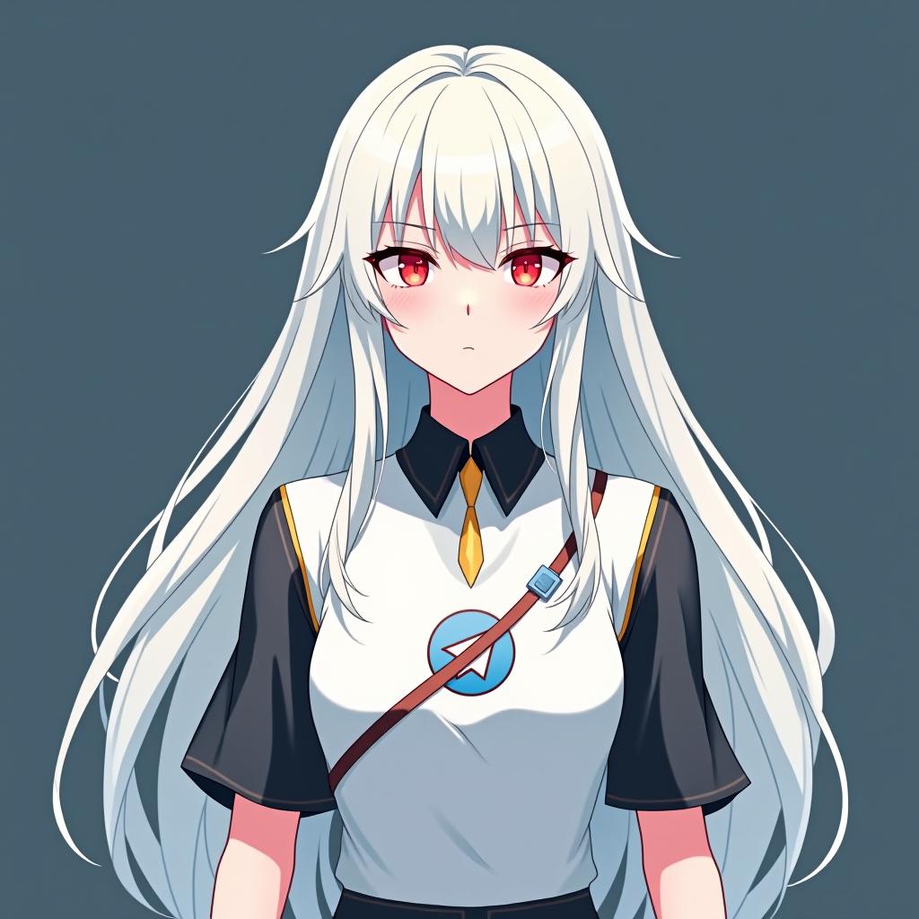  create an image of a character inspired by emilia from re:zero, featuring long white hair and an elegant appearance. the character should be wearing a shirt with the telegram logo, embodying peace and serenity. the design should be background, and include the name 'emilia' in a logo font