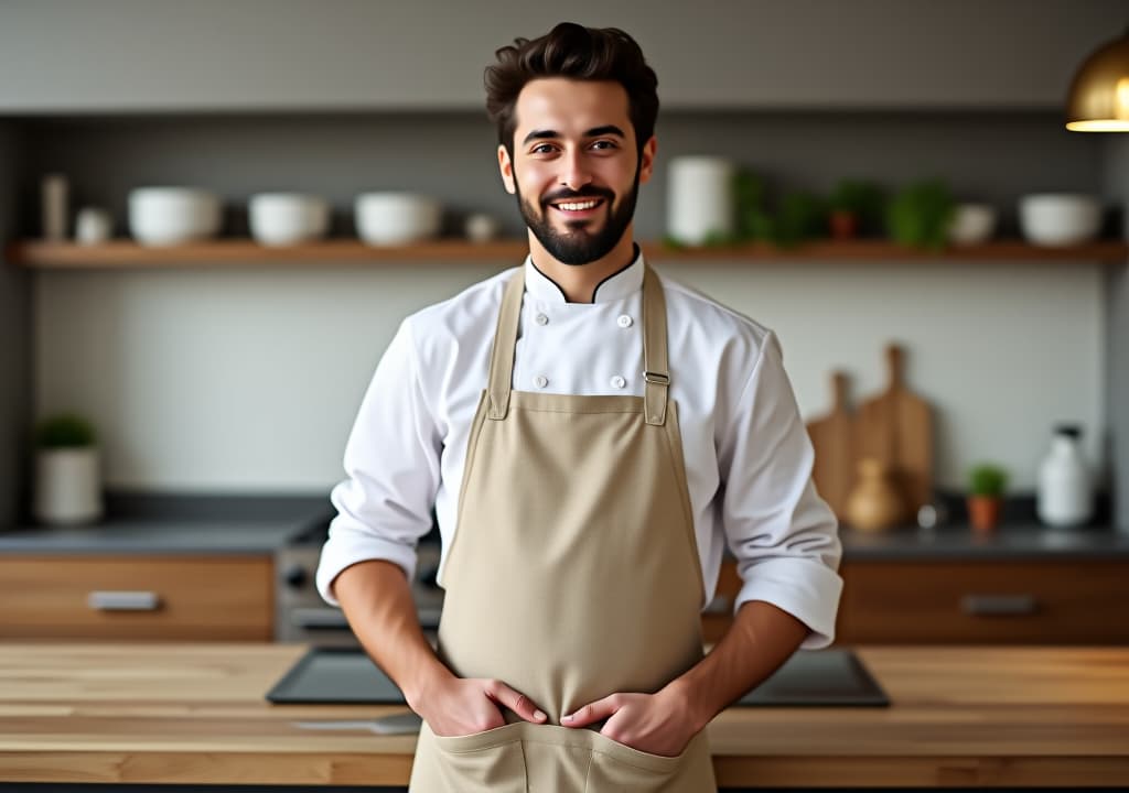  man wearing beige linen apron mock up in the modern kitchen, chef uniform for cooking