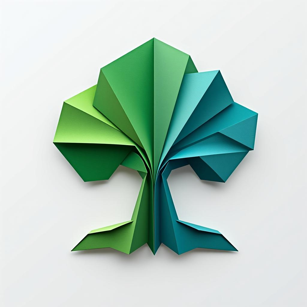  logo, (origami style), logo of a tree, green and blue