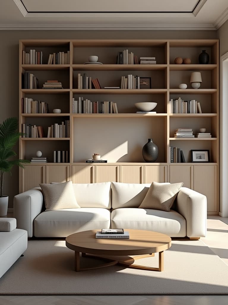  high quality portrait photo of a minimalist living room with floor to ceiling built in shelving, showcasing a few carefully arranged books and objects, with ample empty space for a clean and organized look hyperrealistic, full body, detailed clothing, highly detailed, cinematic lighting, stunningly beautiful, intricate, sharp focus, f/1. 8, 85mm, (centered image composition), (professionally color graded), ((bright soft diffused light)), volumetric fog, trending on instagram, trending on tumblr, HDR 4K, 8K