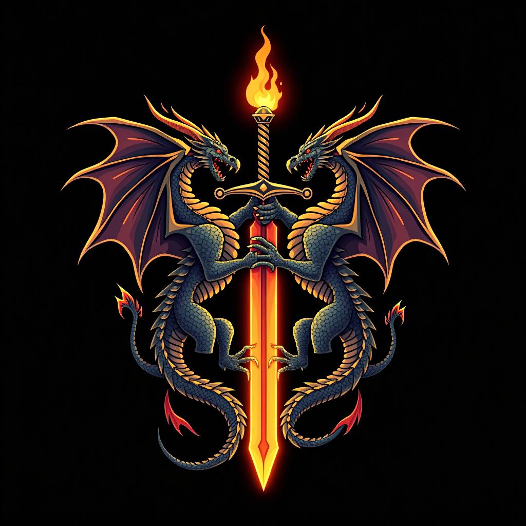  design a logo, custom sticker design on an isolated black background decorated by mythical dragons and a flaming sword