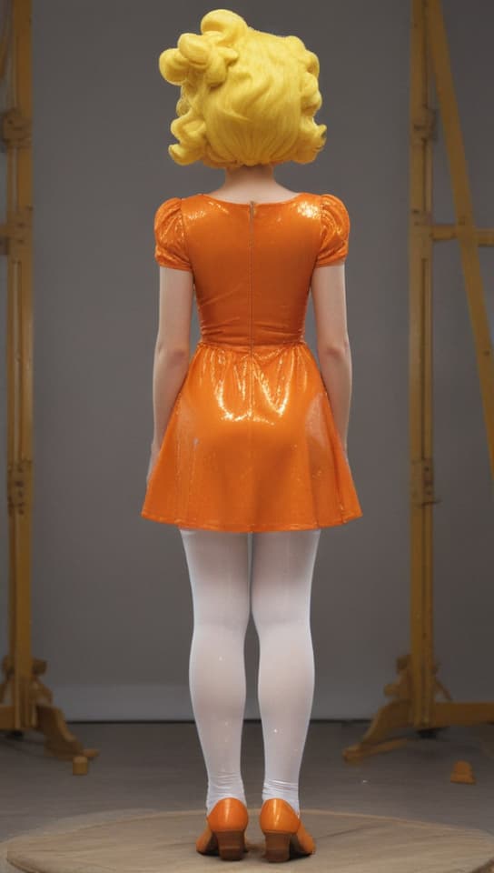 showing super sparkly white tights mini sparkly orange dress lisa simpson showing legs from the back , trending on art station, (detailed face), ((upper body)), (front view),(masterpiece:1.4),(photorealistic:1.4),(high resolution),(exquisitely detailed),(beautiful detailed light),(ultra_color),(perfect anatomy),best quality,ultra high definition,(cinematic light),<lora:ClothingAdjuster3:-0.5>