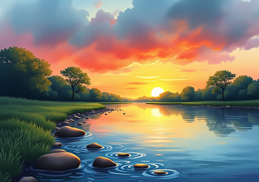  watercolor illustration for nag panchami with the scene of a serene river landscape at sunset.