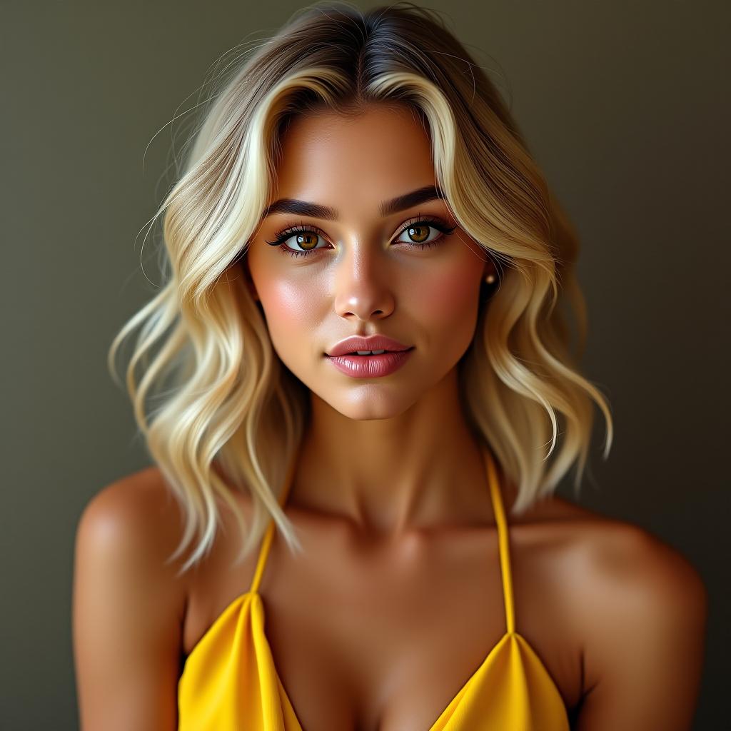  make an image of a blonde haired woman with brown eyes and tan olive skin wearing a yellow dress