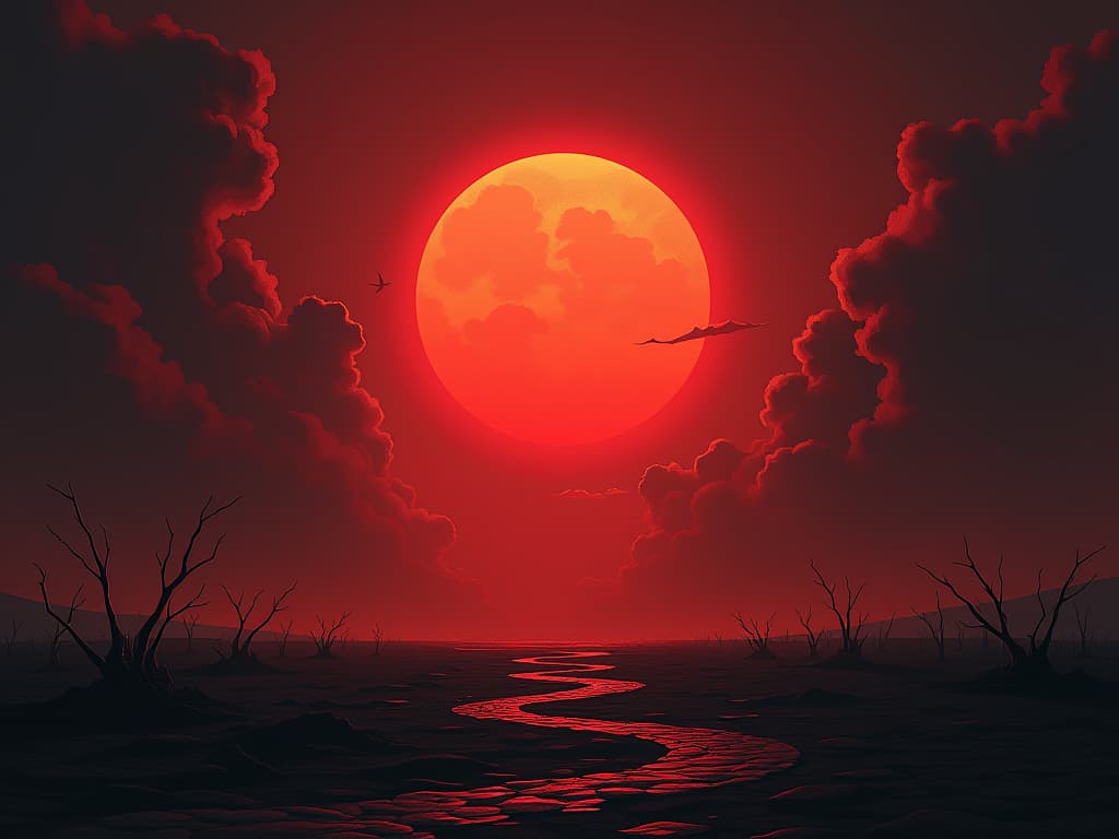  a rising sun over a barren landscape, rays piercing through clouds, sense of transformation, hope.. the style is dark fantasy and mysterious occult, symbolic, moody lighting, esoteric vibe,high detail on character design. for the color scheme emphasize blacks and reds.