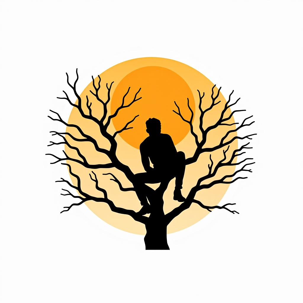  design a logo, realistic man sitting on branches black silhouette, yellow branches, black tree' white background, orange sun