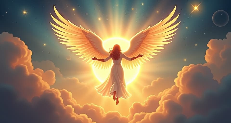  a majestic angel with radiant, floral wings, ascending towards a luminous, heavenly portal. the background is filled with ethereal light and celestial symbols, symbolizing unstoppable ascent.. the style is digital art illustration,highly detailed, whimsical,magical, dreamlike atmosphere, realism and fantasy blend, smooth, glossy textures,luminous quality, wonder and enchantment.