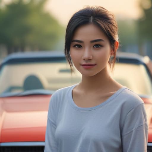 one beautiful young Indonesia with preety eyes standing in one pose on the car on the hood, ((one standing in one pose)), , ((in the simple shirt and )), very skinny, ,((looking at viewer)), smile, ((pretty eyes)), close-up,, (((in simple clothes)))cute  hyperrealistic, full body, detailed clothing, highly detailed, cinematic lighting, stunningly beautiful, intricate, sharp focus, f/1. 8, 85mm, (centered image composition), (professionally color graded), ((bright soft diffused light)), volumetric fog, trending on instagram, trending on tumblr, HDR 4K, 8K