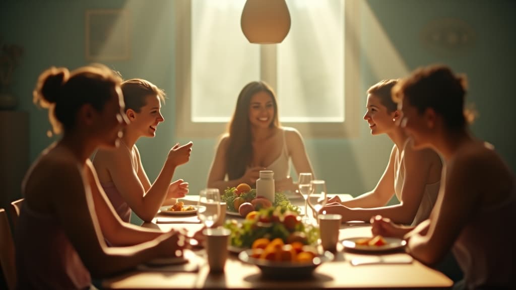  scenes about health and fitness, a friendly group discussion around a dining table about nutrition and well being. hyperrealistic, full body, detailed clothing, highly detailed, cinematic lighting, stunningly beautiful, intricate, sharp focus, f/1. 8, 85mm, (centered image composition), (professionally color graded), ((bright soft diffused light)), volumetric fog, trending on instagram, trending on tumblr, HDR 4K, 8K