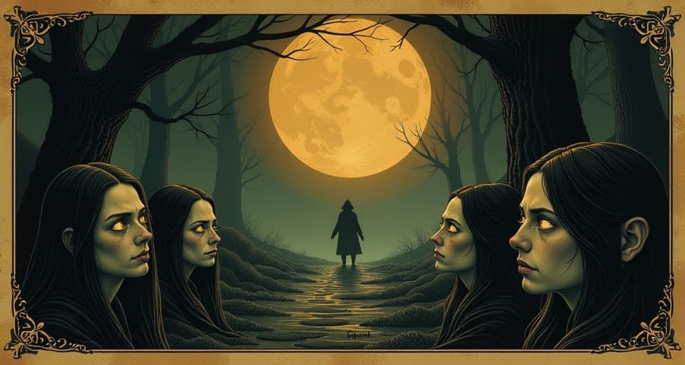  wide eyes and questioning faces, distant figure in radiant circle, background of dark fog, mood of curiosity, sense of exclusion. an illustration in the style of a worn, mystical old tarot trump card, mysterious and elements of surrealism. the colors are muted, somber and eerie, but with contrast bring out an occult and esoteric vibe.