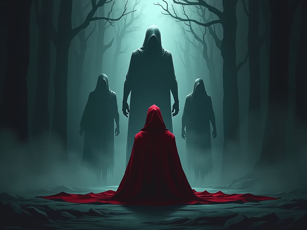  person in red cloak, sitting on the ground, surrounded by ghostly figures of past actions, first time realization of impact, otherworldly atmosphere. the style is digital art illustration / modern comic book / graphic dark novel fantasy and mysterious occult, symbolic, moody lighting, esoteric vibe,high detail on character design. for the color scheme emphasize blacks and reds.