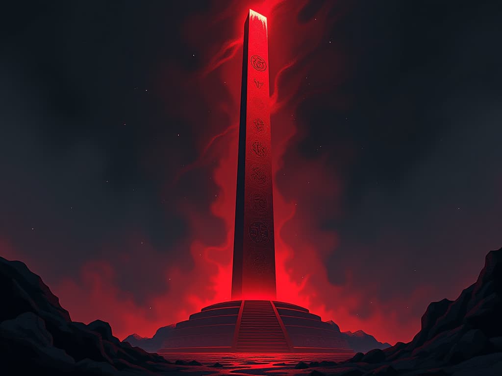  tall red obelisk, standing firm, inscribed with ancient symbols, surrounded by arcane light, mood of steadfast strength. the style is digital art illustration / modern comic book / graphic dark novel fantasy and mysterious occult, symbolic, moody lighting, esoteric vibe,high detail on character design. for the color scheme emphasize blacks and reds.