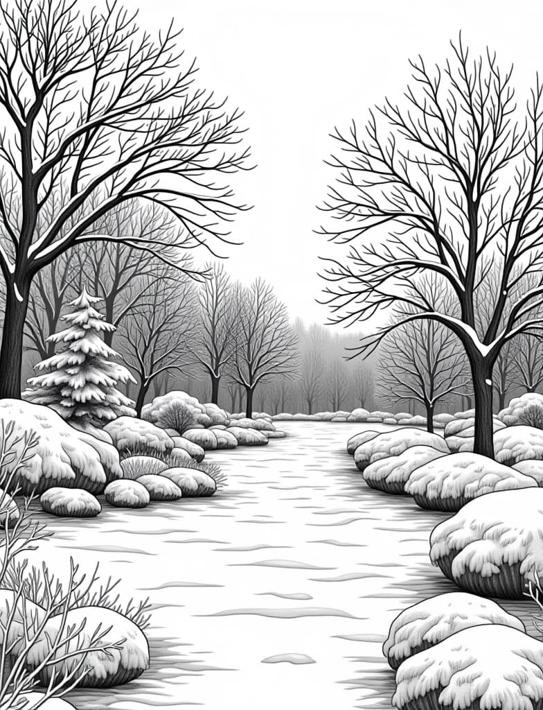  this is for an adult coloring page. a detailed black and white line art of a snowy winter garden with bare trees and snow covered shrubs on a solid white background.