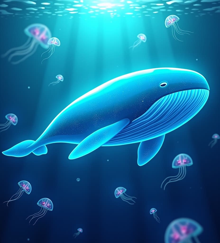  anime, anime sytle, anime image, cartoon, real cartoon, real anime, underwater view of a huge fantastical glowing transparent glass whale swimming in the ocean. surrounded by glowing jellyfish.