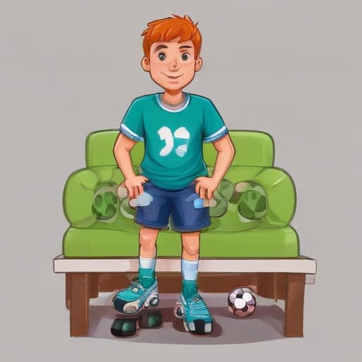 Junge mit spielkonsole und fussball in Cartoon style