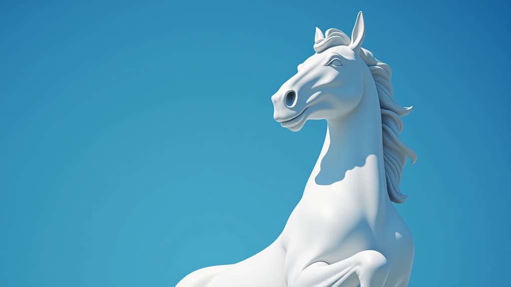  a white horse statue with a blue background