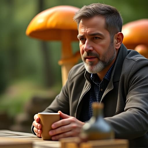  photo of a man having a coffee outside with a gian mushroom at the background