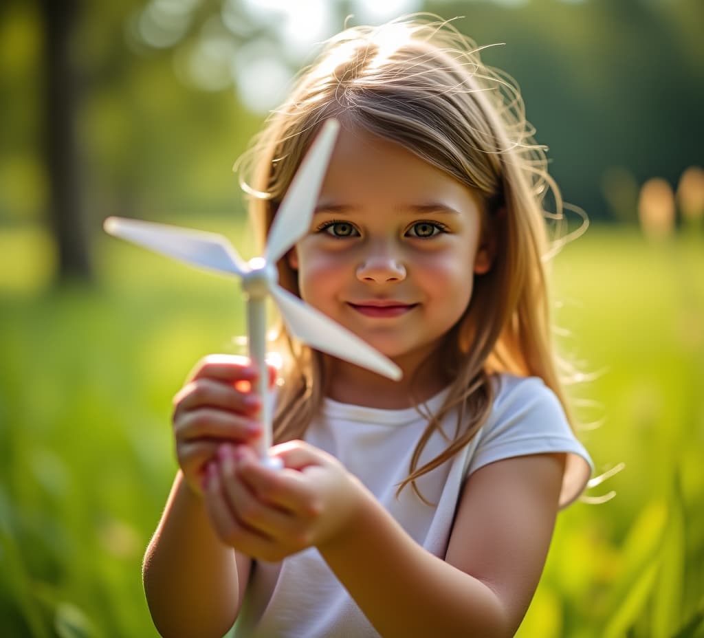  a girl holding a miniature wind turbine toy outdoors in nature. sustainable future energy concept