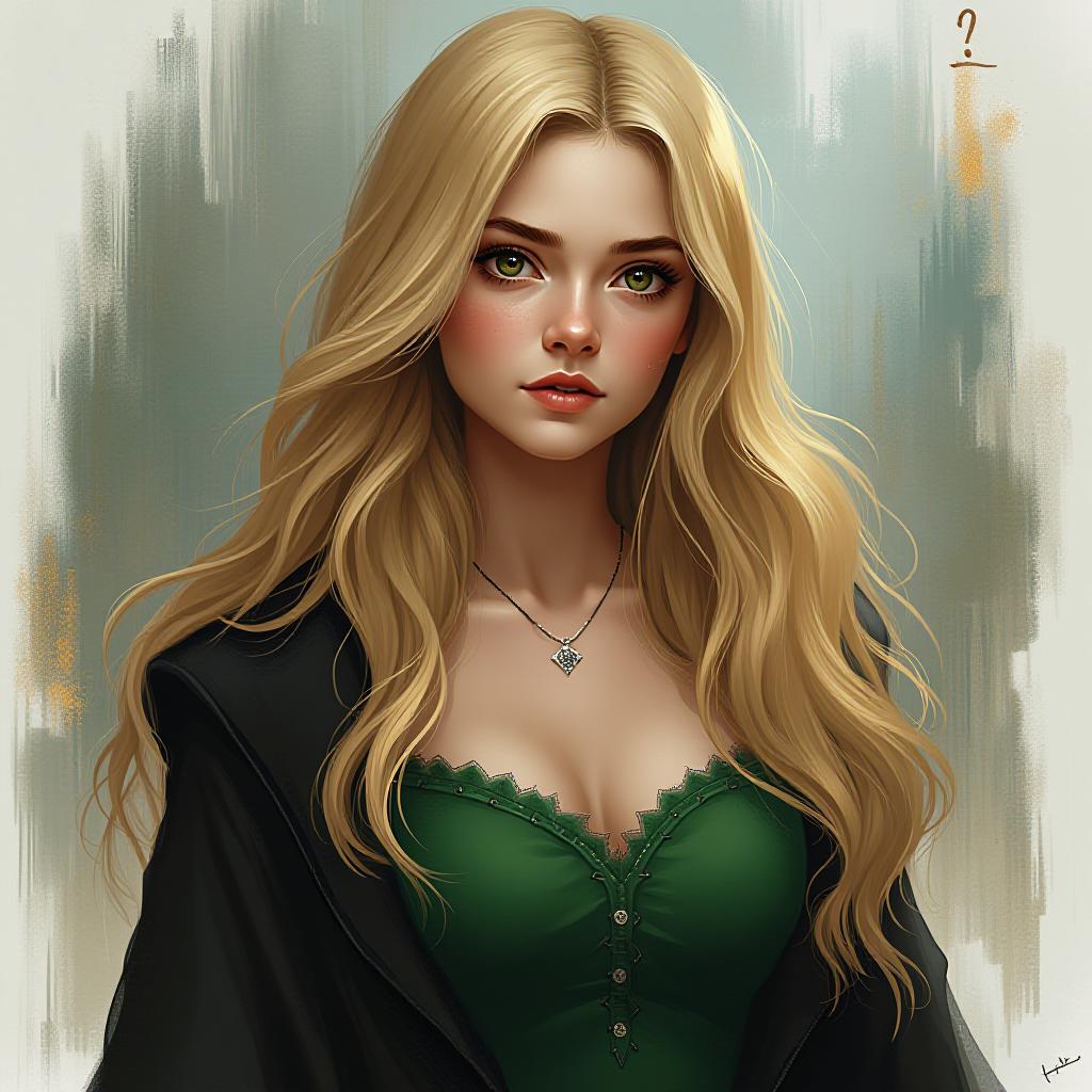  :eva yule carrow hair long blond , eyes green , date: 6 april, age: 17 turning 18 house:slytherin (black/green/silver ) (harry potter style) female/big chested status:pure blood patronus: sparrow hogwarts house : huffle puff (black/yellow/grey) (harry potter style ) hair long black wavy , eyes amber female /chested protronus : swallow, award winning, professional, highly detailed, masterpiece