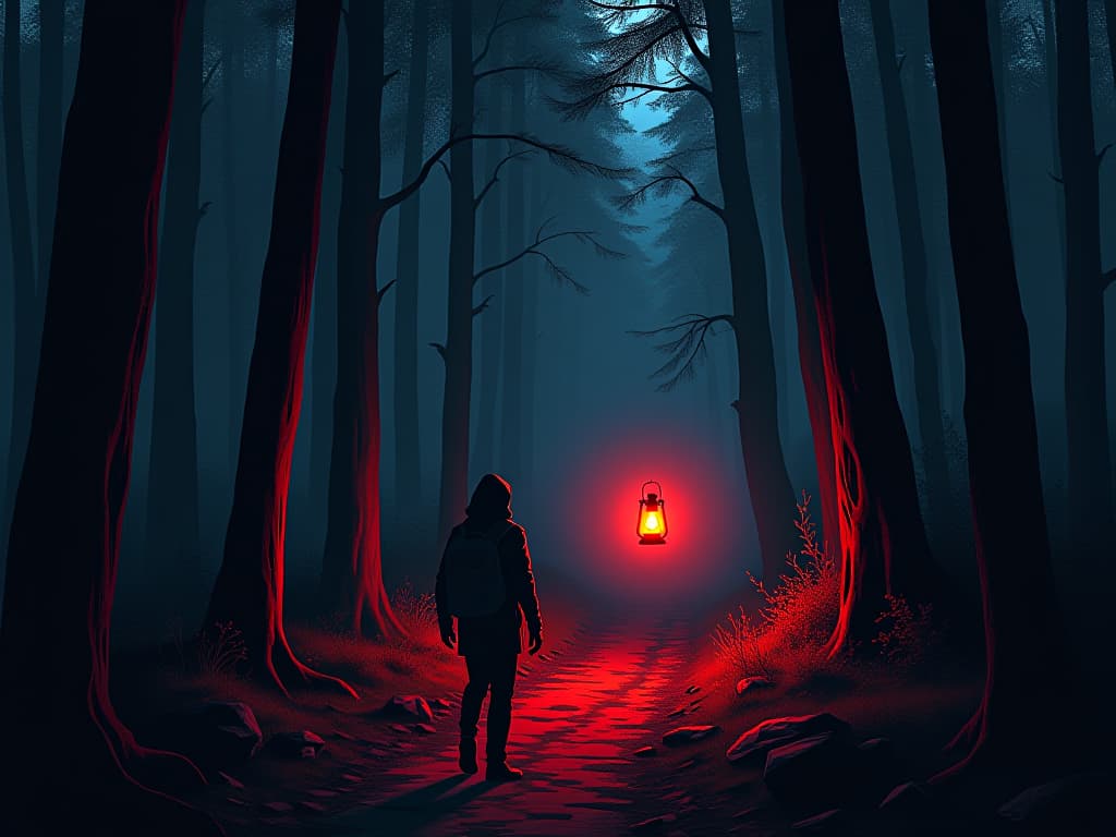  red lantern in a dark forest, illuminating a narrow path, vigilant traveler, atmosphere of cautious guidance. the style is digital art illustration / modern comic book / graphic dark novel fantasy and mysterious occult, symbolic, moody lighting, esoteric vibe,high detail on character design. for the color scheme emphasize blacks and reds.