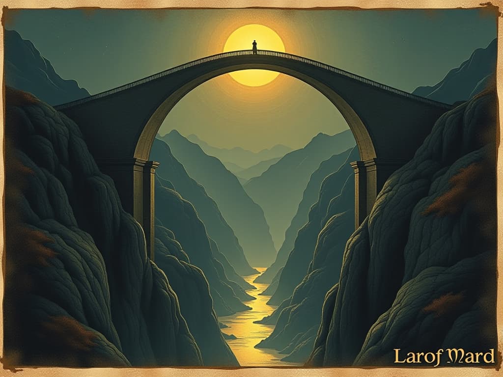  a grand arching bridge spanning a chasm, shimmering golden light emanating from its surface, dark mountains in the background, atmosphere of elevation and ascension. an illustration in the style of a worn, mystical old tarot trump card, mysterious and elements of surrealism. the colors are muted, somber and eerie, but with contrast bring out an occult and esoteric vibe.