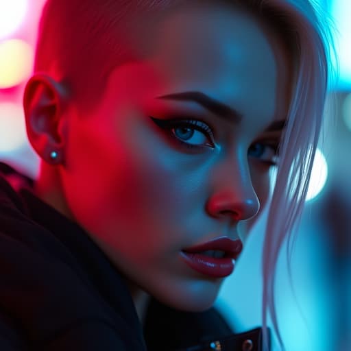  ultra realistic close up portrait ((beautiful pale cyberpunk female with heavy black eyeliner)), blue eyes, shaved side haircut, hyper detail, cinematic lighting, magic neon, dark red city, canon eos r3, nikon, f/1.4, iso 200, 1/160s, 8k, raw, unedited, symmetrical balance, in frame, 8k hyperrealistic, full body, detailed clothing, highly detailed, cinematic lighting, stunningly beautiful, intricate, sharp focus, f/1. 8, 85mm, (centered image composition), (professionally color graded), ((bright soft diffused light)), volumetric fog, trending on instagram, trending on tumblr, HDR 4K, 8K