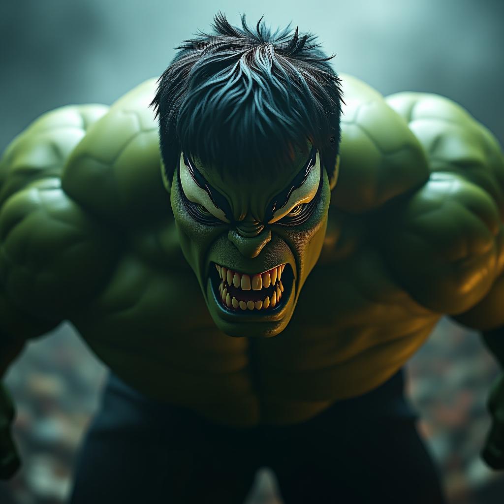  hulk((venom in hulk)),venom eyes hyperrealistic, full body, detailed clothing, highly detailed, cinematic lighting, stunningly beautiful, intricate, sharp focus, f/1. 8, 85mm, (centered image composition), (professionally color graded), ((bright soft diffused light)), volumetric fog, trending on instagram, trending on tumblr, HDR 4K, 8K