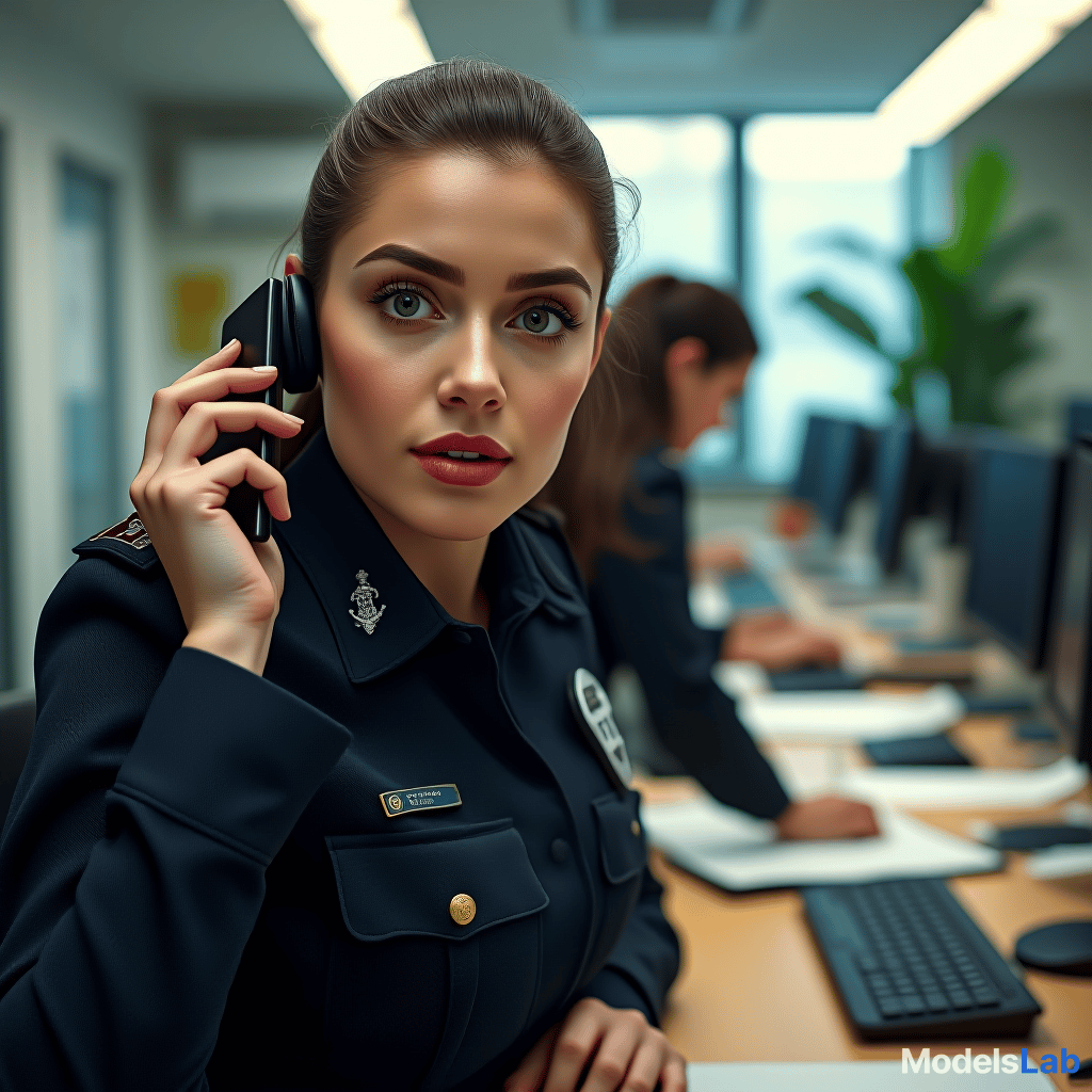  portrain of female pilice officers, calling phone realistic, stock photo, looking to camera, bright office,  hyperrealistic, full body, detailed clothing, highly detailed, cinematic lighting, stunningly beautiful, intricate, sharp focus, f/1. 8, 85mm, (centered image composition), (professionally color graded), ((bright soft diffused light)), volumetric fog, trending on instagram, trending on tumblr, HDR 4K, 8K