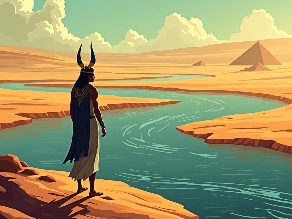  the nile river winding through the desert, smooth and calm, representing ease and natural alignment with core beliefs, serene and flowing. the style is digital art illustration / modern comic book / mysterious occult, symbolic, esoteric vibe,high detail on character design, incorporating ancient egyptian symbology and attire.