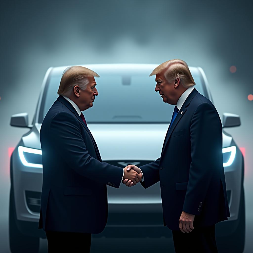  donald trump and elon mask shaking hands in front of a tesla cybertruck hyperrealistic, full body, detailed clothing, highly detailed, cinematic lighting, stunningly beautiful, intricate, sharp focus, f/1. 8, 85mm, (centered image composition), (professionally color graded), ((bright soft diffused light)), volumetric fog, trending on instagram, trending on tumblr, HDR 4K, 8K