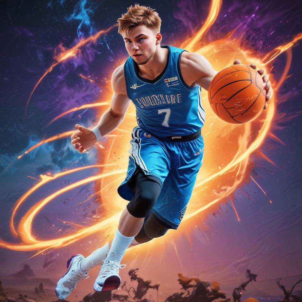 distance-shot, flashy, full-body, dynamic, holographic, animated cartoon poster of luka doncic in the style of dragon ball super