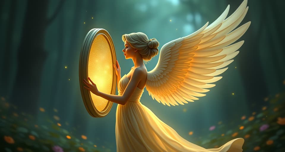  a serene angel in a glowing gown, holding a mirror that reflects unsettling truths. setting of an enchanted forest, mood of reluctant revelation.. the style is digital art illustration,highly detailed, whimsical,magical, dreamlike atmosphere, realism and fantasy blend, smooth, glossy textures,luminous quality, wonder and enchantment.